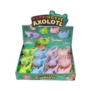 Popping eye axolotl squeeze toy set with twelve colorful stress relief figures in a display box