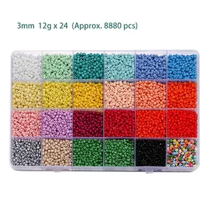 Detailed top view of 24-grid box with 3mm macaron seed beads for DIY jewelry making