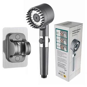 Dark grey turbocharged shower head with stop button, wall mount and retail box packaging