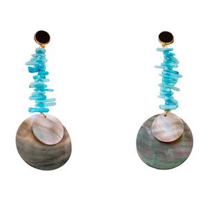 Bamboo-inspired round shell drop earrings with turquoise beads and bohemian tassels