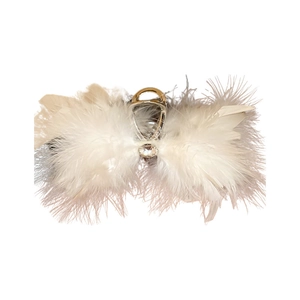 Elegant white feather hair claw clip with metallic base and sparkling rhinestone accent