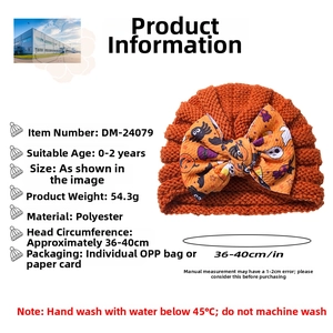Detail specifications for pumpkin orange baby knitted hat with Halloween pattern bow