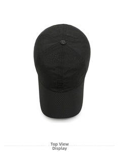 Close-up of black breathable mesh baseball cap with embroidered logo from top view