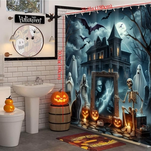 Halloween bathroom set with pumpkin ghost shower curtain and matching floor mats 180cm