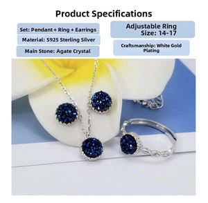 Detail specifications of S925 sterling silver set with blue agate druzy necklace and ring