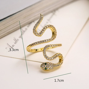Luxurious 18K gold plated snake ring with sparkling white cubic zirconia and green gem eyes