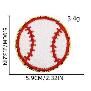 Detail showing 5.9cm baseball chenille embroidery patch with gold sequins and soft texture