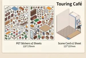 Detail of PET cafe theme stickers with cute animals and plants for journaling