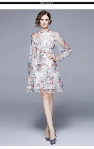 Detailansicht von Spitzenkragen und Blumendruck auf weißem Langarm-Midikleid
