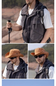 Outdoor utility gear set with dark grey cargo vest, wide brim sun hat and hiking poles