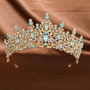 Elegant gold bridal crown with turquoise stones and rhinestones for formal occasions