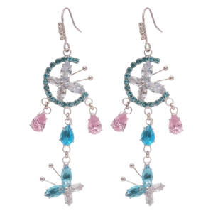 Dreamy butterfly and moon long hook earrings with blue and pink crystals for women