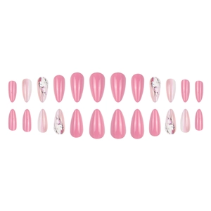 Pink almond press-on nails set with floral art and pearlescent gradient finish