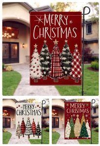 Detailed view of Merry Christmas garden flags with red and beige linen texture patterns