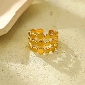 Macro shot of 18K gold plated triple-layer disc ring on a textured stone background