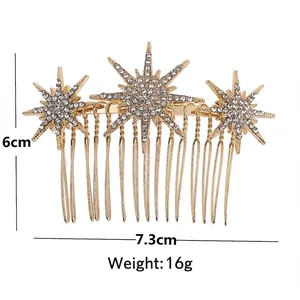 Golden alloy snowflake hair comb with sparkling rhinestones, 7.3cm width bridal headpiece
