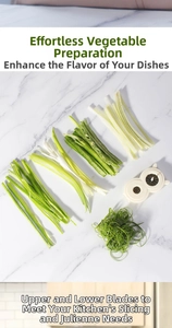 Dual-blade green onion shredder showing precise vegetable slicing on marble surface