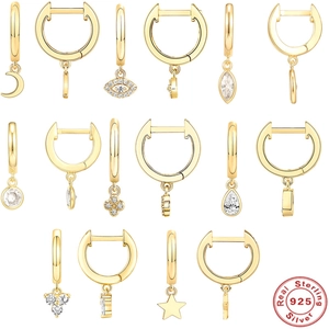 925 Sterling Silver Huggie Hoop Earrings Gold Plated Zirconia Evil Eye Moon Star Clover Water Drop Charm Dangle Earrings Jewelry