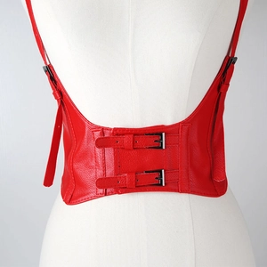 Detail of red leather corset belt with double buckle straps and vintage texture