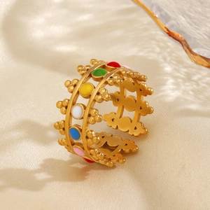 Anello Aperto In Acciaio Inossidabile Da Donna Regolabile Smalto Multicolore Geometrico Rotondo Corona Cava Gioielli