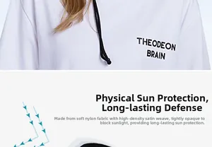 Detail of white nylon sun protection jacket with black drawstrings and chest print
