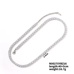 Detail showing a silver tennis chain necklace with square cubic zirconia and 40+5cm length