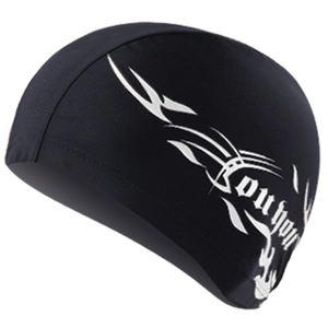 Elastic black swim cap with stylish white tribal pattern for comfortable adults swimming