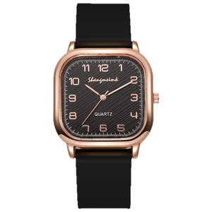 Square quartz watch with rose gold case and black silicone strap for women and men