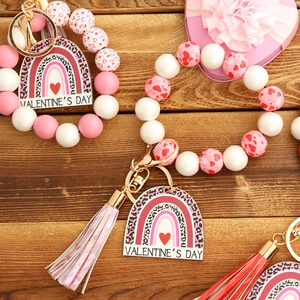 Valentine's Day Beaded Keychain Bracelet For Women Silicone Wood Bead Wristlet With Tassel Rainbow Leopard Charm Pendant Hand Accessory Gift