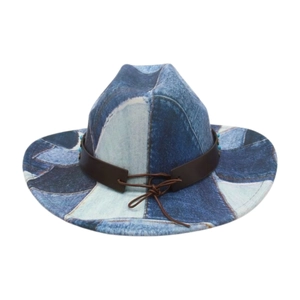 Detail of blue denim cowboy hat featuring brown leather band and turquoise beads