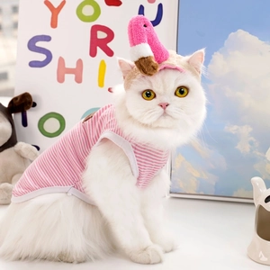 Pink striped vest and flamingo headgear set for small cats and dogs on model