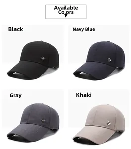 Griglia dettagliata che mostra cappellini da baseball in nero, blu navy, grigio e kaki