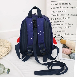 Detail of dark blue toddler safety backpack with mesh back and adjustable shoulder straps