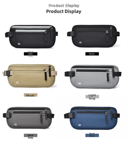 Detailed display of slim RFID blocking travel waist packs in six versatile colors