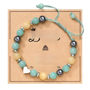 Natural zebra stone heart charm bracelet with birthday card gift set for women