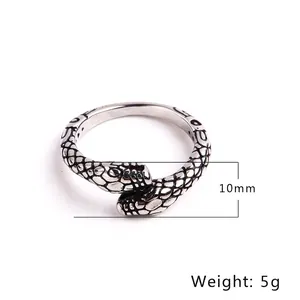 Gothic style silver stainless steel double-headed snake open ring with scale texture