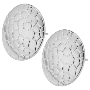 Macro shot of silver 304 stainless steel earrings with hammered texture and round design