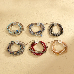 Mehrlagiges Perlenarmband Herz Kreuz Anhänger Verstellbare Kordel Boho Vintage Glas Stein Damen Schmuck Geschenk