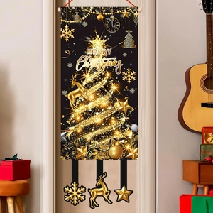 Golden Christmas tree door banner with Merry Christmas text for 2025 holiday decoration