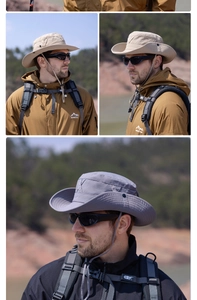 Detail of outdoor sun hats with wide brims and mesh vents for hiking and mountaineering
