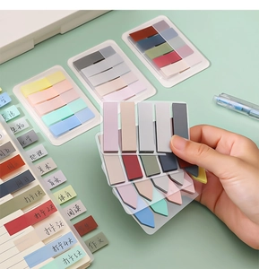 Close-up of Morandi colored PET sticky notes used for indexing and marking books