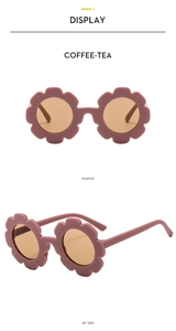 Front and side view of coffee-tea flower shaped sunglasses for kids with durable frames