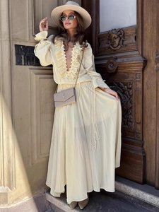 Set Gonna da Donna Elegante con Volant Scollo a V Manica Lunga e Gonna Lunga Tinta Unita Temperamento Vacanza