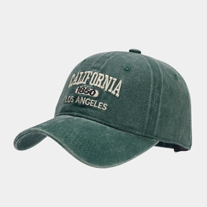 Detail of vintage washed green cotton baseball cap with white California embroidery