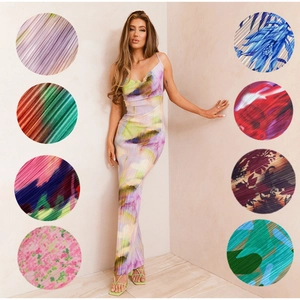 Robe Maxi Longue À Bretelles Plissée Imprimée Pour Femmes Col En V Coupe Ajustée Abstraite Florale Sans Manches Élégante