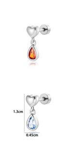 Detail view of heart-shaped titanium steel stud with water drop gem and size dimensions