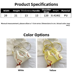 Detailed chart showing PU fruit bucket bag dimensions and lemon patch embroidery features
