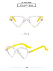 Détail de la monture de lunettes triangulaire transparente avec branches jaunes