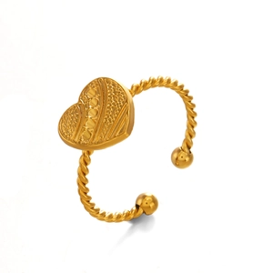 18K gold plated heart ring with twisted rope design and adjustable open band
