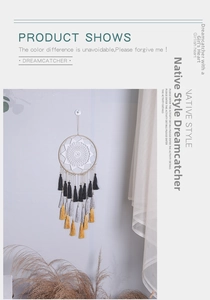 Detail of handmade dreamcatcher featuring woven circles and multicolor cotton tassels